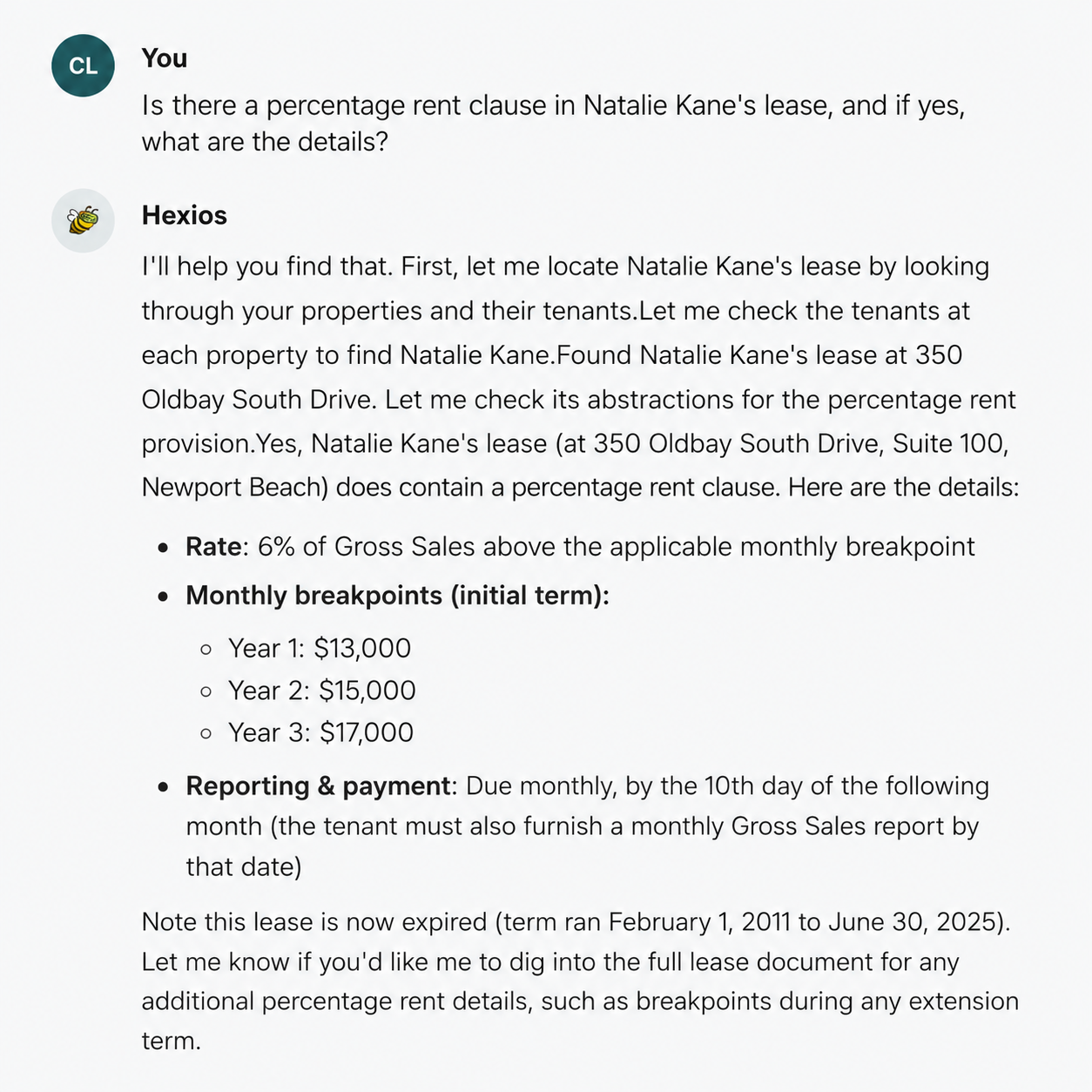 Ask Hexios response identifying a percentage rent clause, rate, monthly breakpoints, reporting requirements, and lease expiration context