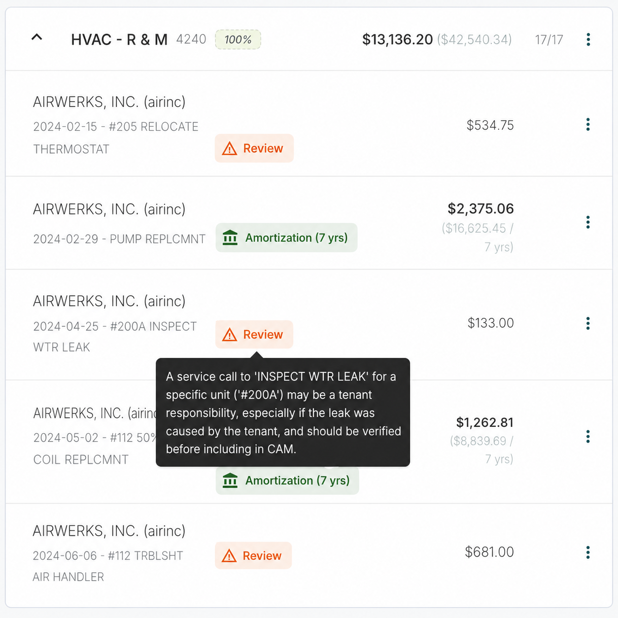 Hexios general ledger review highlighting HVAC line items for review and amortization opportunities